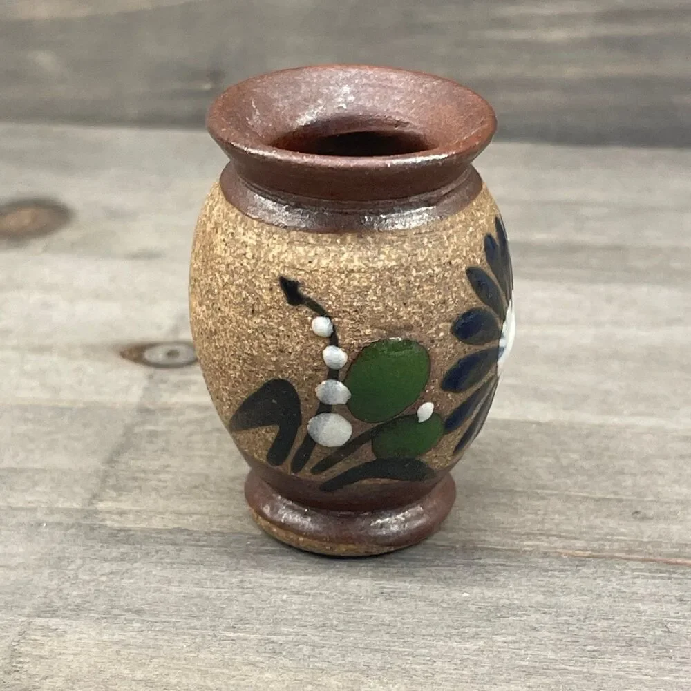 Miniature Hand Painted Mexican Pottery Blue Flower Sandstone Bud Vase Decor